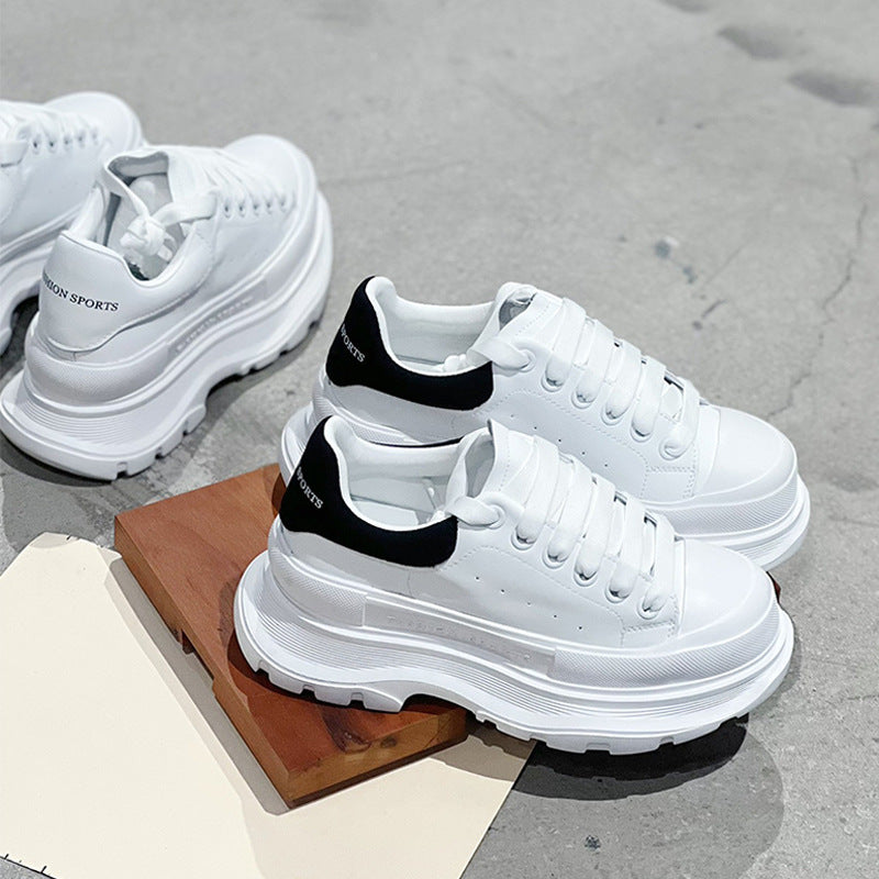 Women's White Thick Bottom Increased Leisure Solid Sneakers