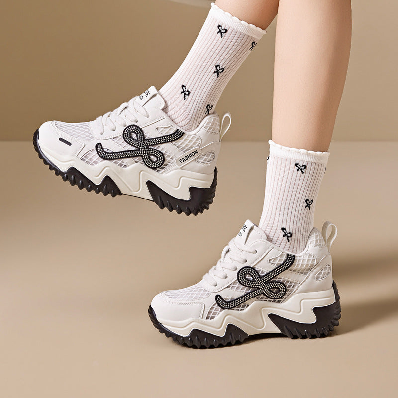 Women's Platform Mesh Surface Dad Korean Rhinestone Sneakers