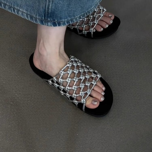 Women's Sheepskin Version Hand-woven Fishnet Platform Beach Soft Slippers