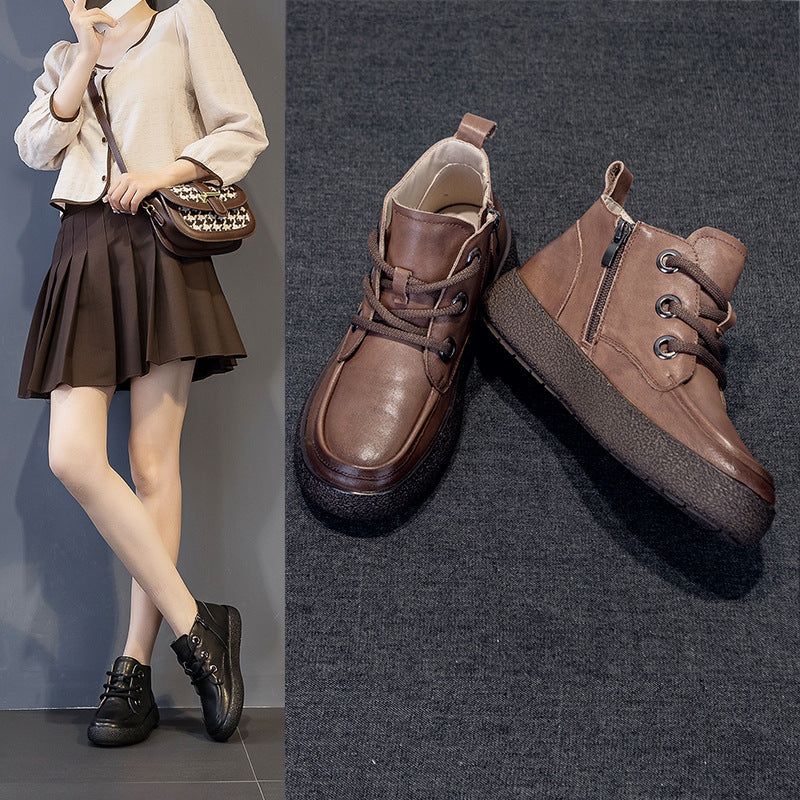 First Layer Cowhide Flat Retro Ankle Single Side Boots