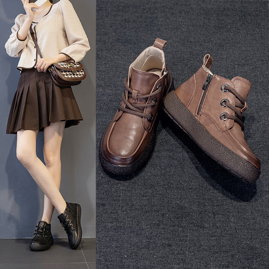 First Layer Cowhide Flat Retro Ankle Single Side Boots