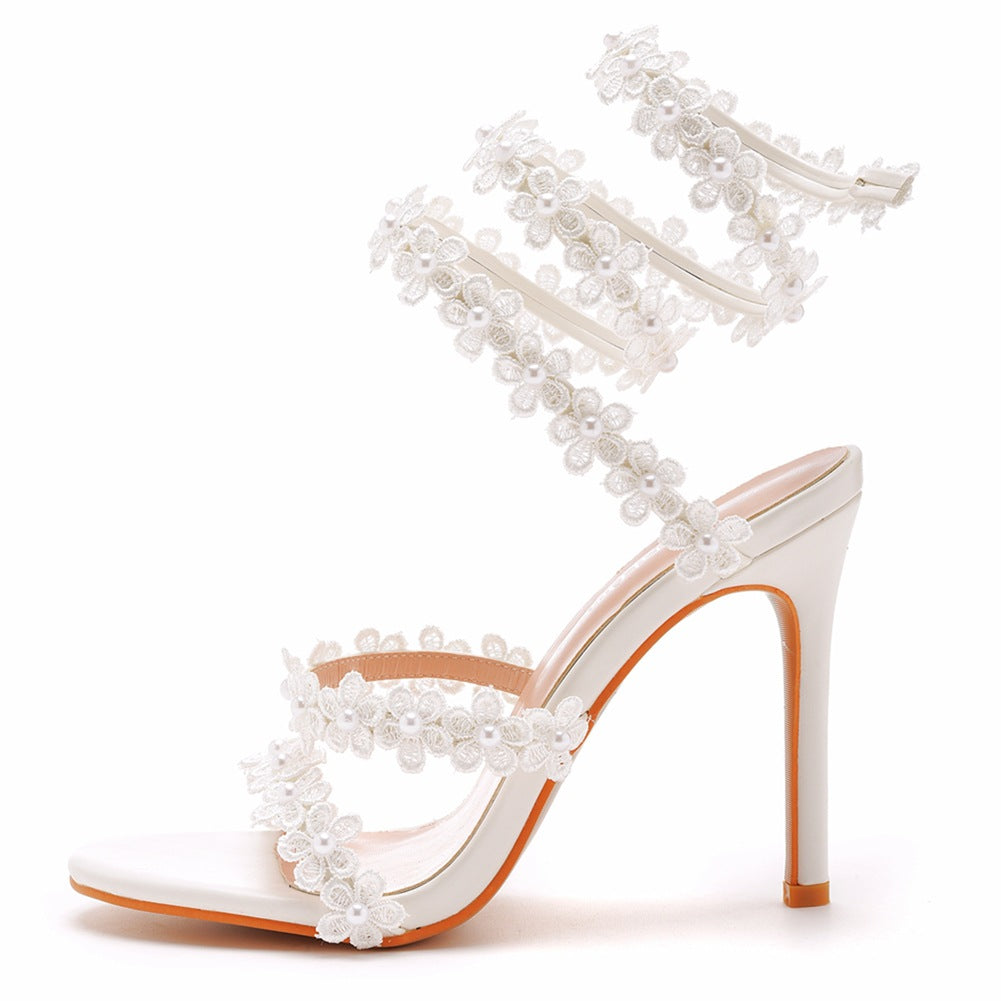 Women's Peep Toe High-heeled White Flower Banquet Wedding Sandals