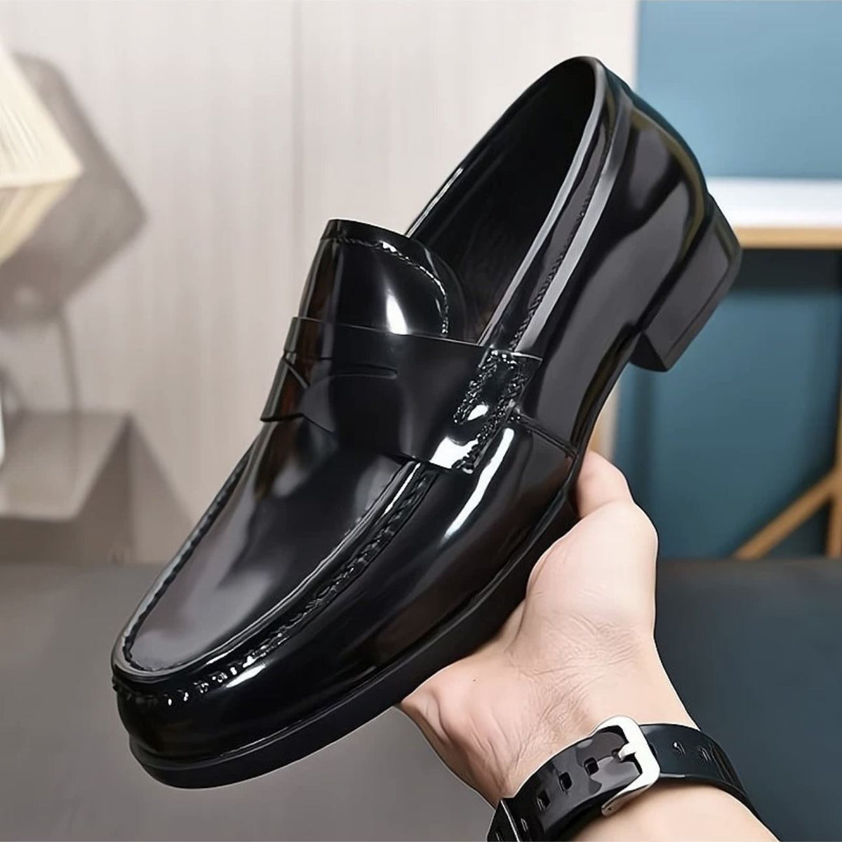 Men's British Style Genuine Slit Beads Slip-on Round Men's Business Leather Shoes