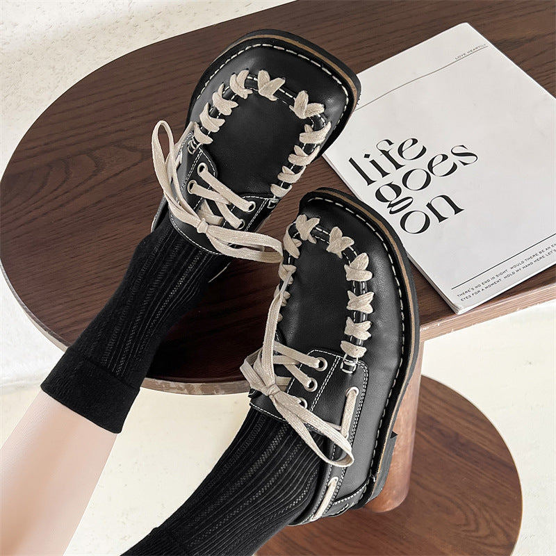 Women's & Men's Retro Handmade Leisure Square Toe Black Leather Shoes