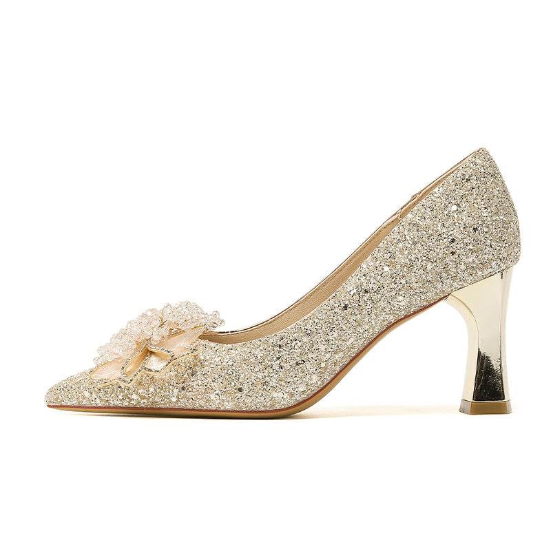 Wedding Shallow Mouth Pointed Toe Crystal Main Dress Women's Fashion Shoes
