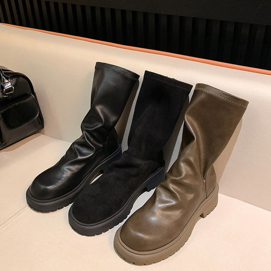 Women's Round Toe Pleated Back Zipper Pile Boots