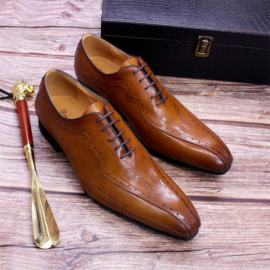 Men's Pointed Business Carved Brown Oxford Leather Shoes