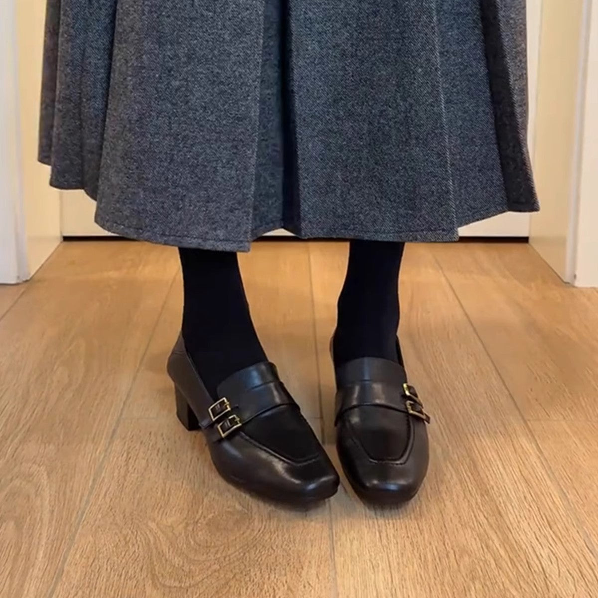 Women's Version Chunky One Pedal Black Belt Buckle Loafers