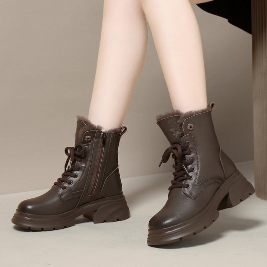 Women's Sheepskin Fur Integrated Thickened Cowhide Platform Snow Boots