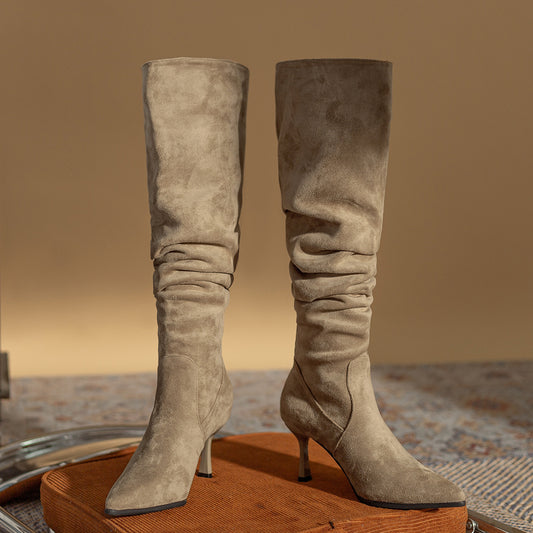 Women's Plus Veet Pointed Pile Style Stiletto Long-heeled Boots