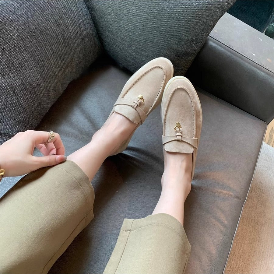Women's Fleece-lined Sheepskin Version Tassel Lock Flat Slip-on Lofter Soft Loafers