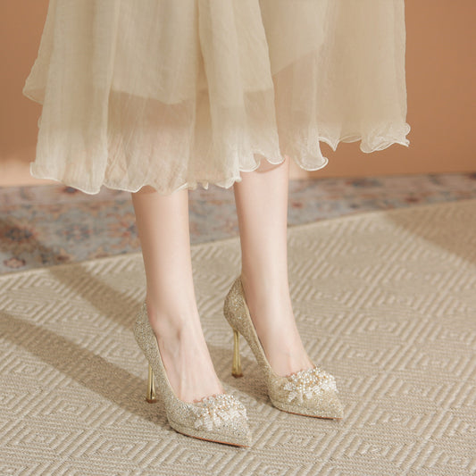 Women's French Style High-grade Champagne Wedding Stiletto Not Heels