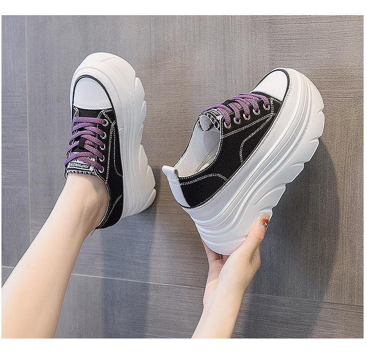 Women's White For Thick Sole Increased Lace Casual Shoes