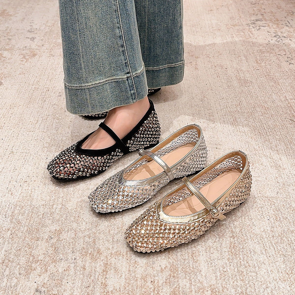 Women's Square Toe Rhinestone Mesh Hollow Out Back Open Mary Jane Women's Fashion Shoes