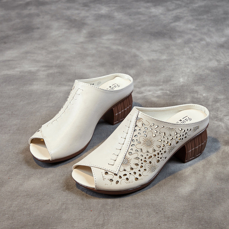 Women's Top Layer Cowhide Chunky Soft Bottom Heels