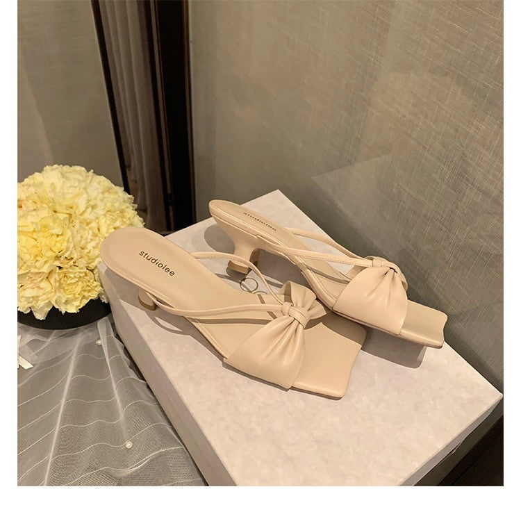 Women's French Style Bow Square Toe Short Sandals