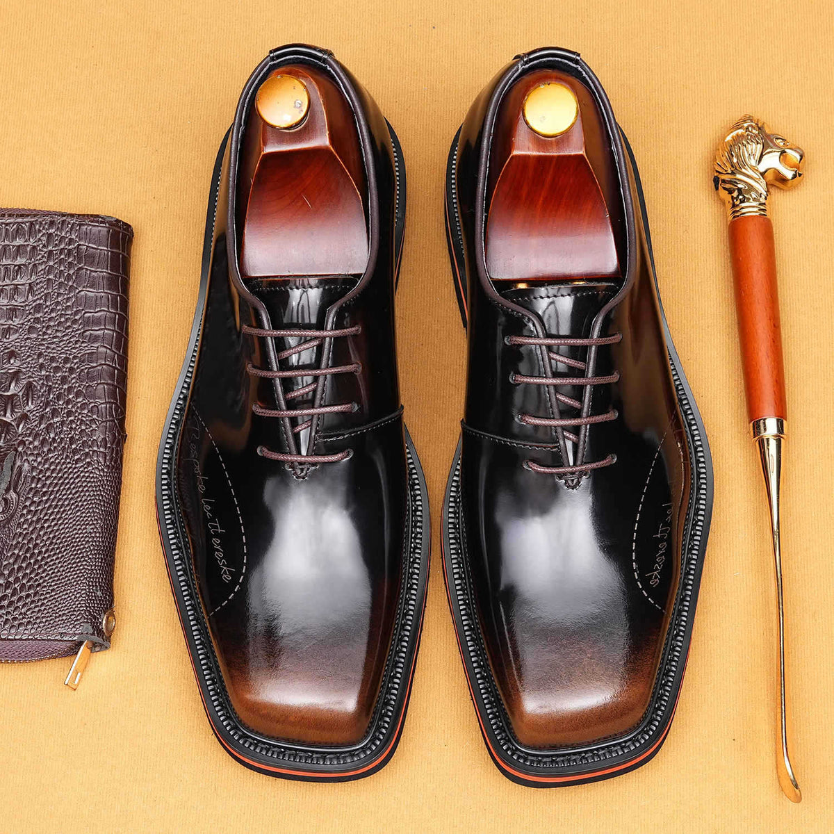 Men's Square Toe British Glossy Slit Beads Carved Formal Wear Full Leather Shoes