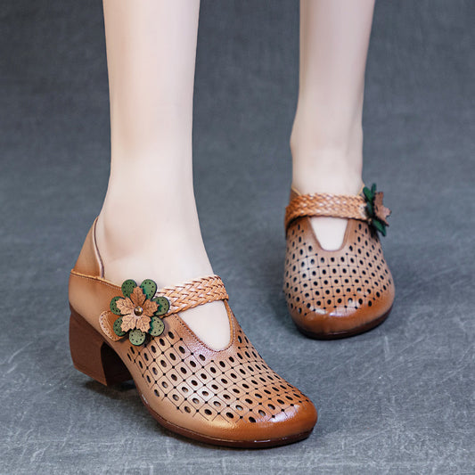 Women's Thick Soft Bottom First Layer Cowhide Retro Style Heels