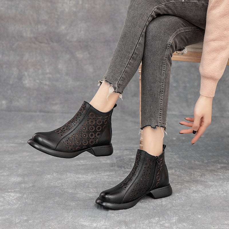 Women's Cowhide Soft Bottom Chunky Hollow Retro Heels