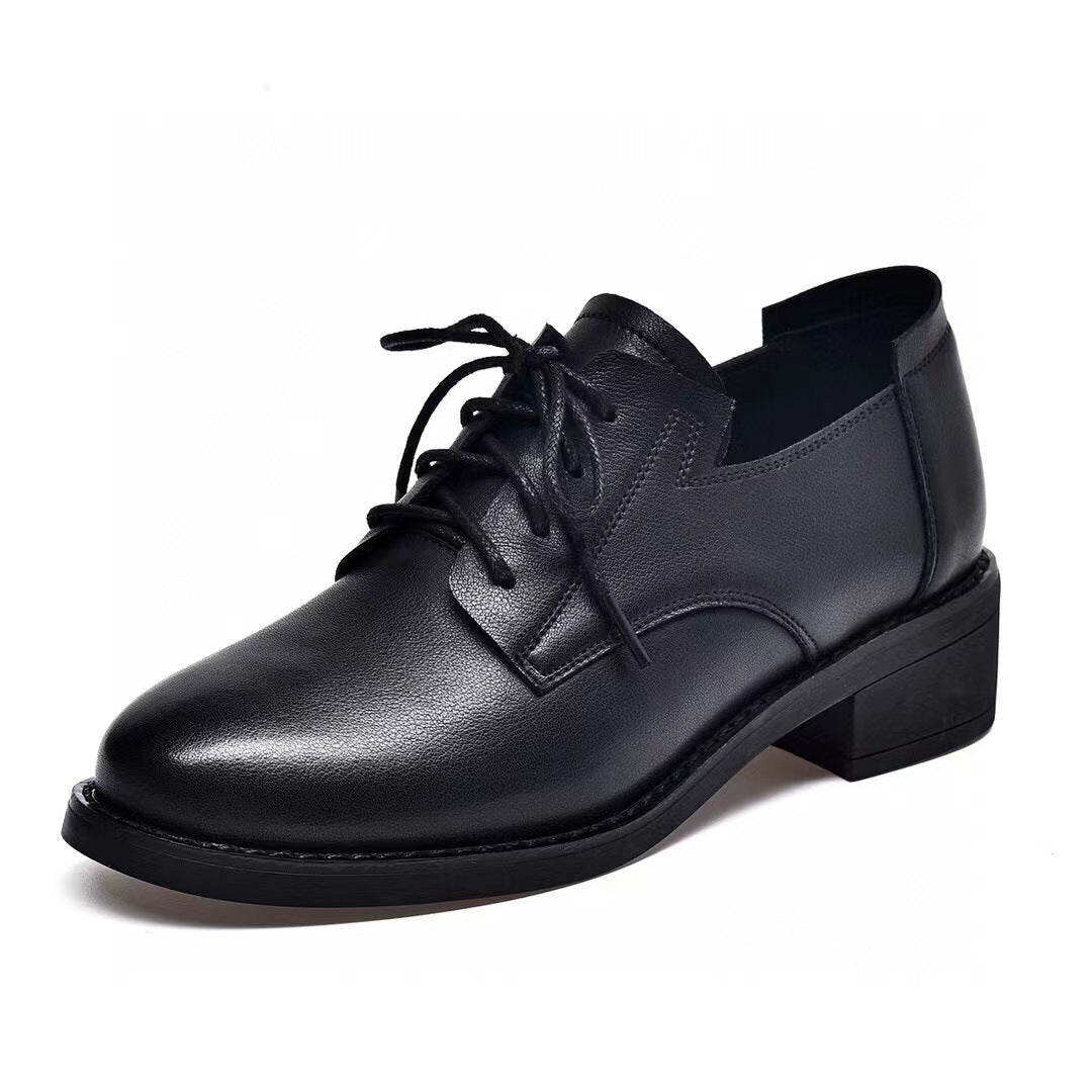 Women's British Style Soft Black Chunky Preppy Leather Shoes