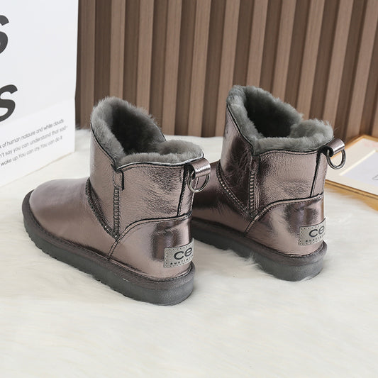 Women's Integrated Fleece Lined Padded Warm Keeping Waterproof Glossy Snow Boots