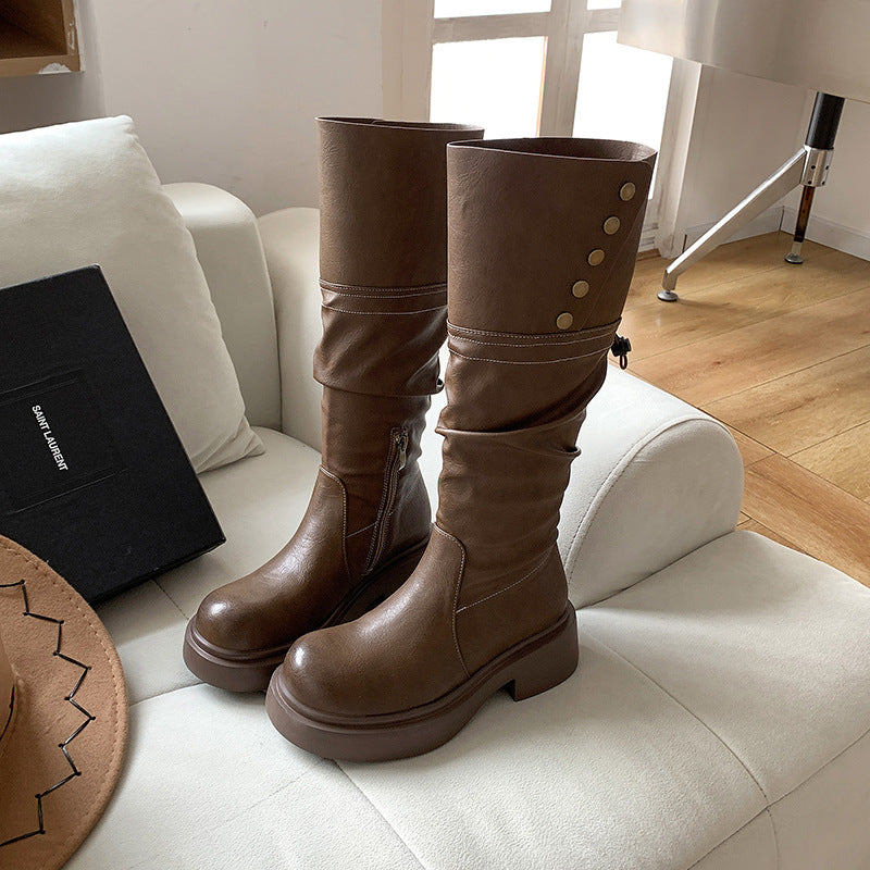 Wind Pleated Pile Style Two-way Foldable Chunky Boots