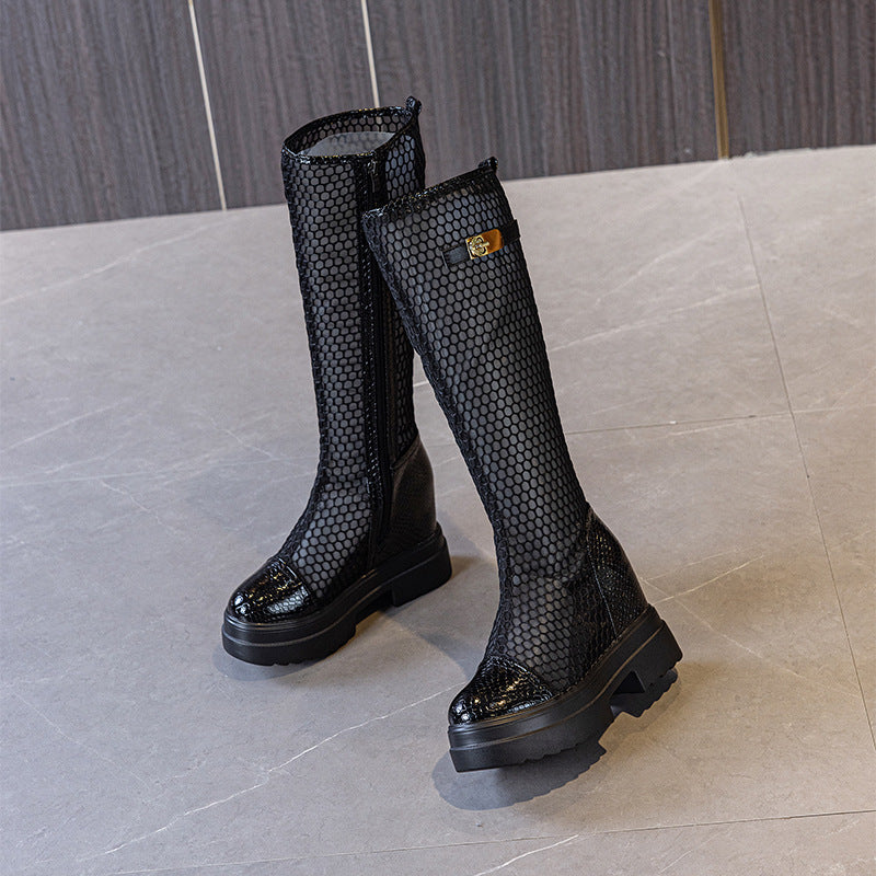 Women's Round Toe Side Zipper Mesh Black Sandals