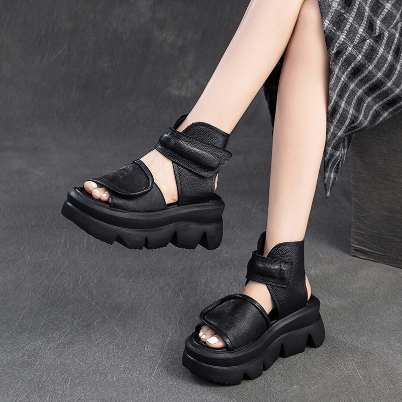 Women's Cowhide Summer Platform Hollow Breathable National Style Fish Sandals