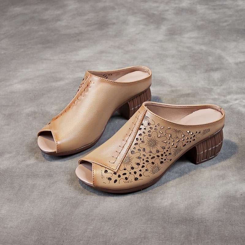 Women's Top Layer Cowhide Chunky Soft Bottom Heels