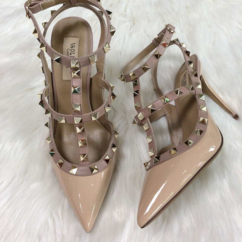 Women's High Rivet Pointed Toe Patent Stiletto Heels