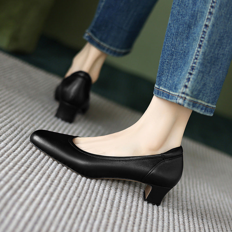 Women's Sheepskin Chunky Pumps Spring Simple Low-cut Slip-on Women's Fashion Shoes