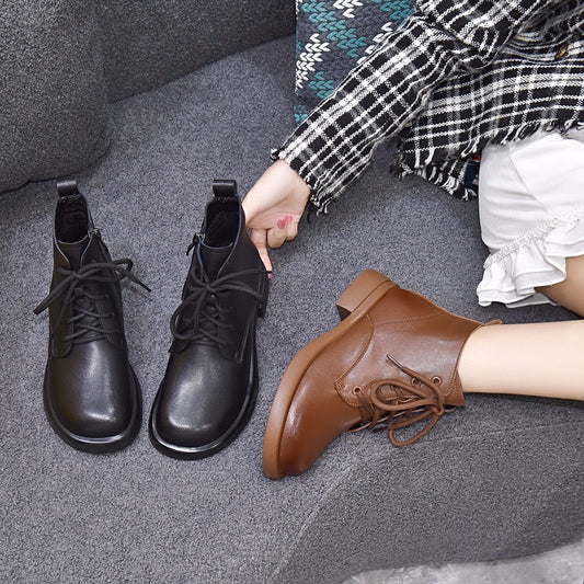 Women's Round Toe Flat Bottom Cowhide Ankle Boots