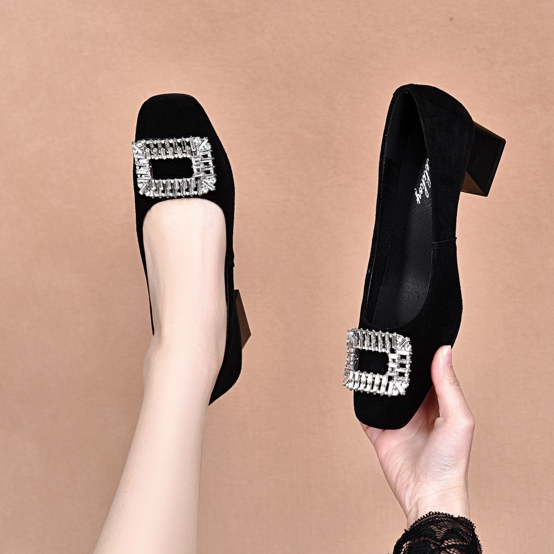 Women's Mid Square Toe Matte Pumps Chunky Low-cut Women's Fashion Shoes