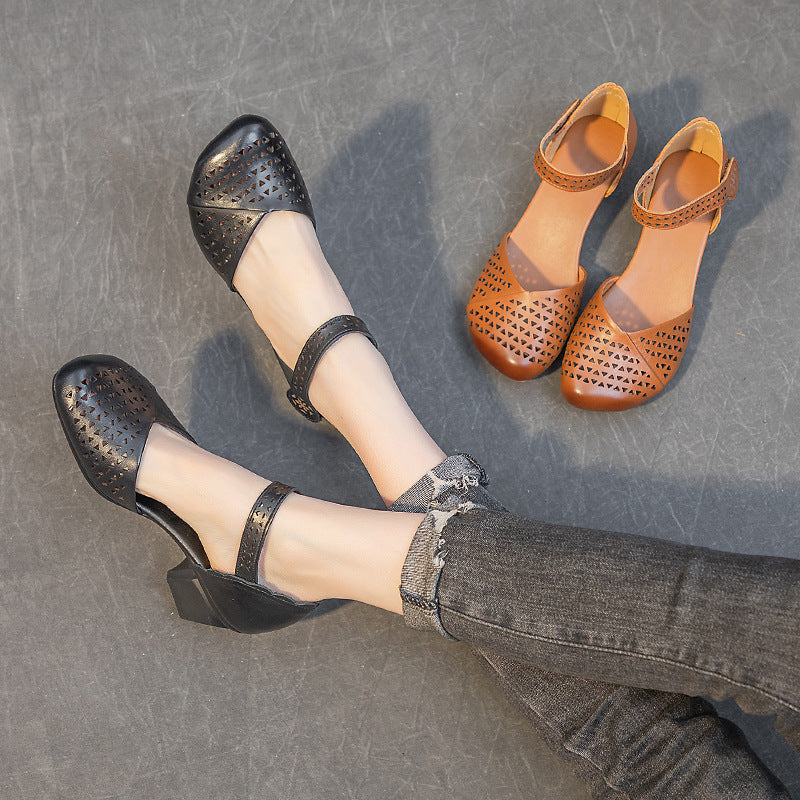 Women's Thick Mid Punching Hollow Out Velcro Heels