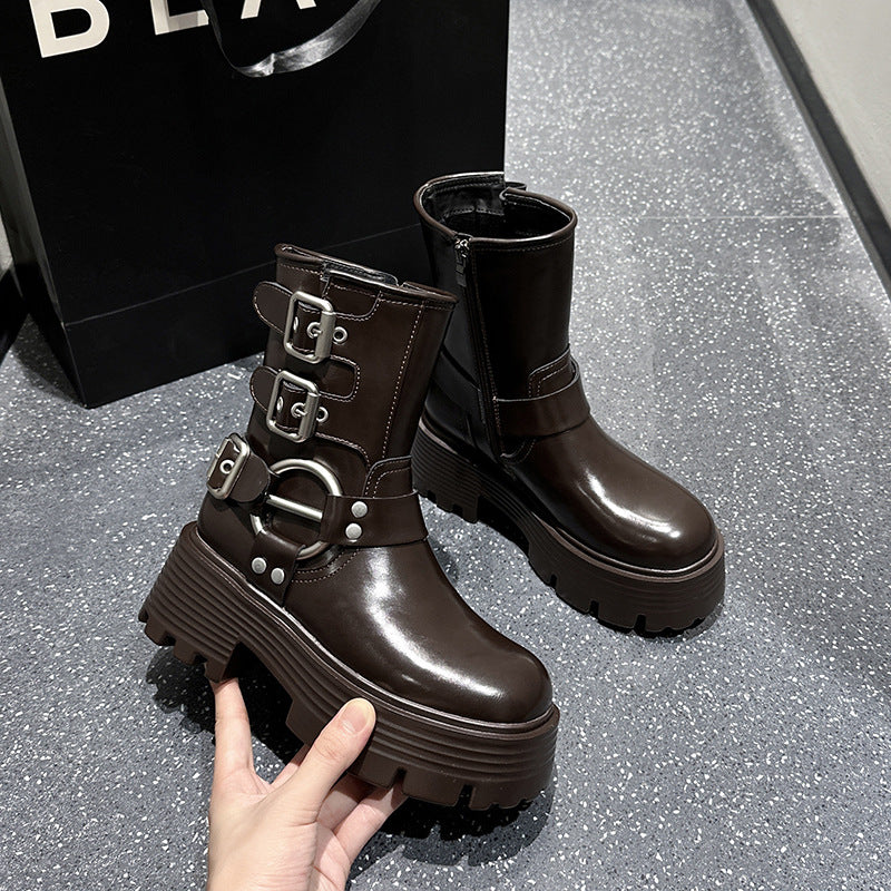 Bottom Chunky Retro Cowboy Side Zipper Female Knight Boots