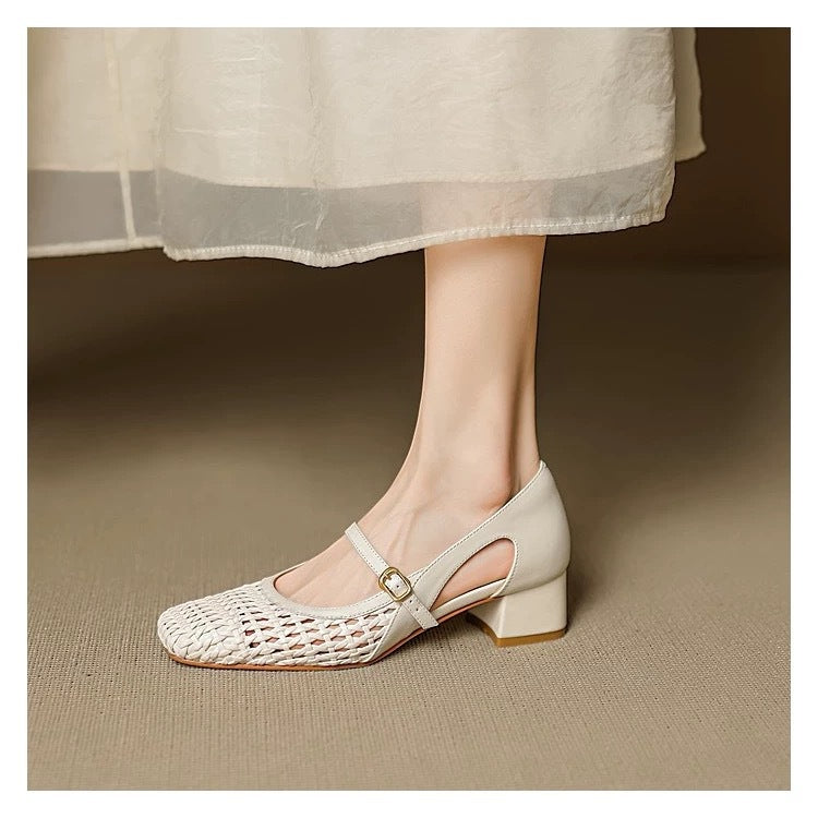French Hollow Woven Mary Jane Hole Pumps Sandals