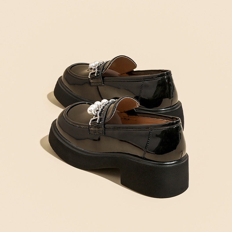 Women's Thick-soled Glossy Pearl Chain Slip-on Uniform Casual Shoes