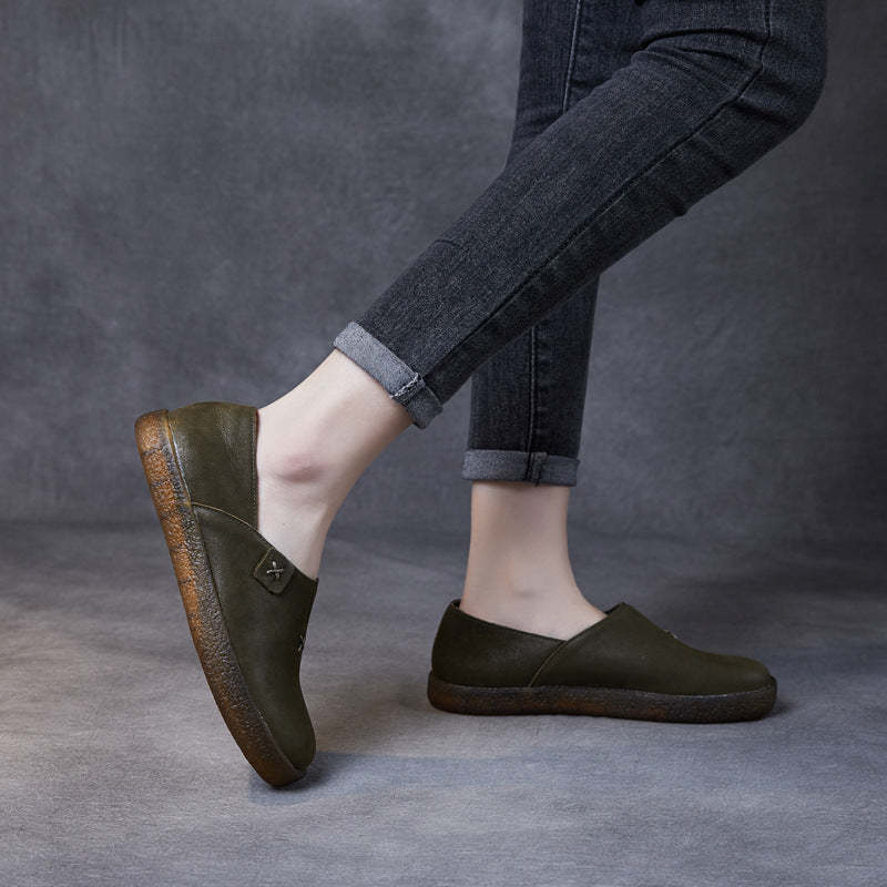 Women's Bottom First Layer Cowhide Retro Lady Artistic Style Fairy Casual Shoes