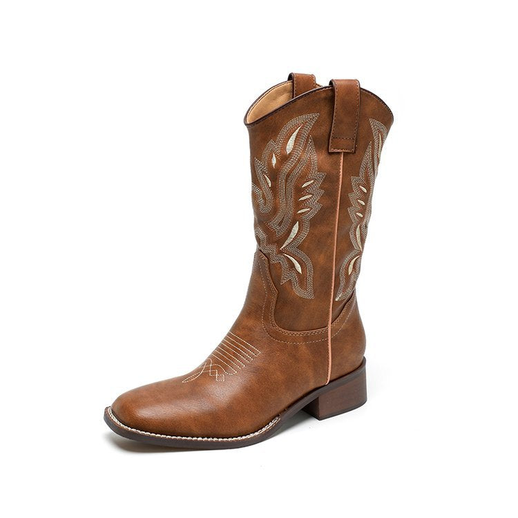 Women's Beautiful Western Cowboy Embroidery V Cut Knight Square Boots
