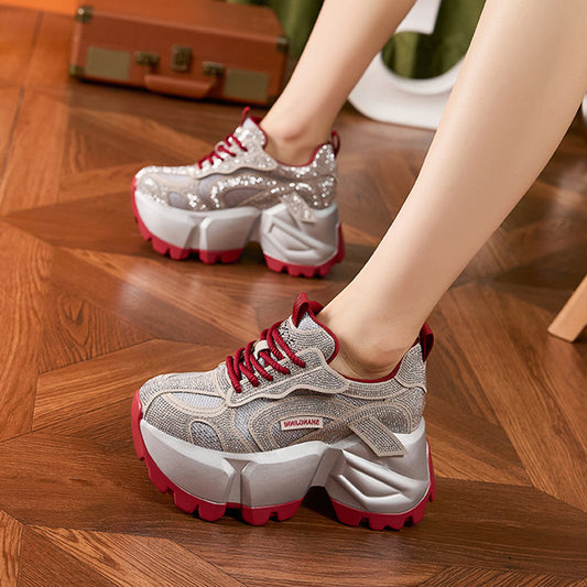 Women's Dad Fashion Rhinestone Platform Height Increasing Sneakers