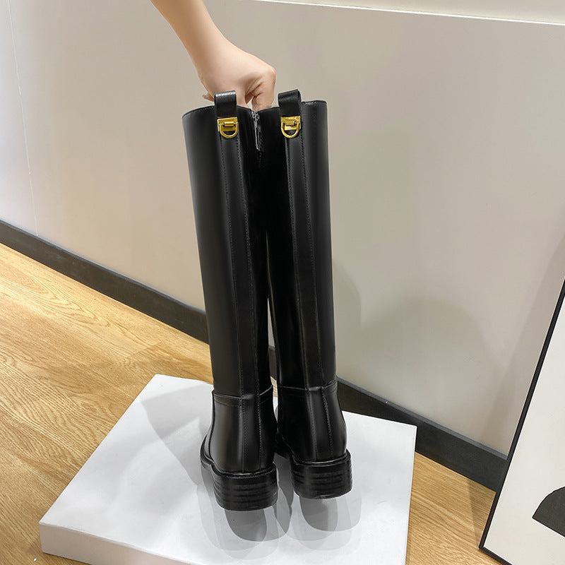 Women's Zipper High Leg Slimming Flat Chunky Boots