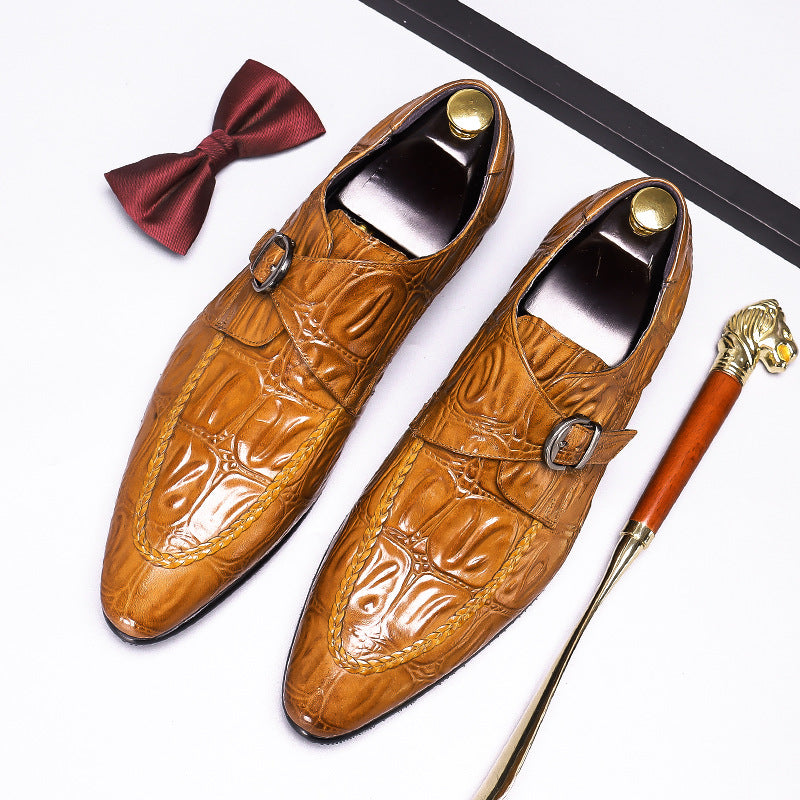 Men's Alligator Pattern Formal Wear First Layer Cowhide Pointed Men's Business Leather Shoes