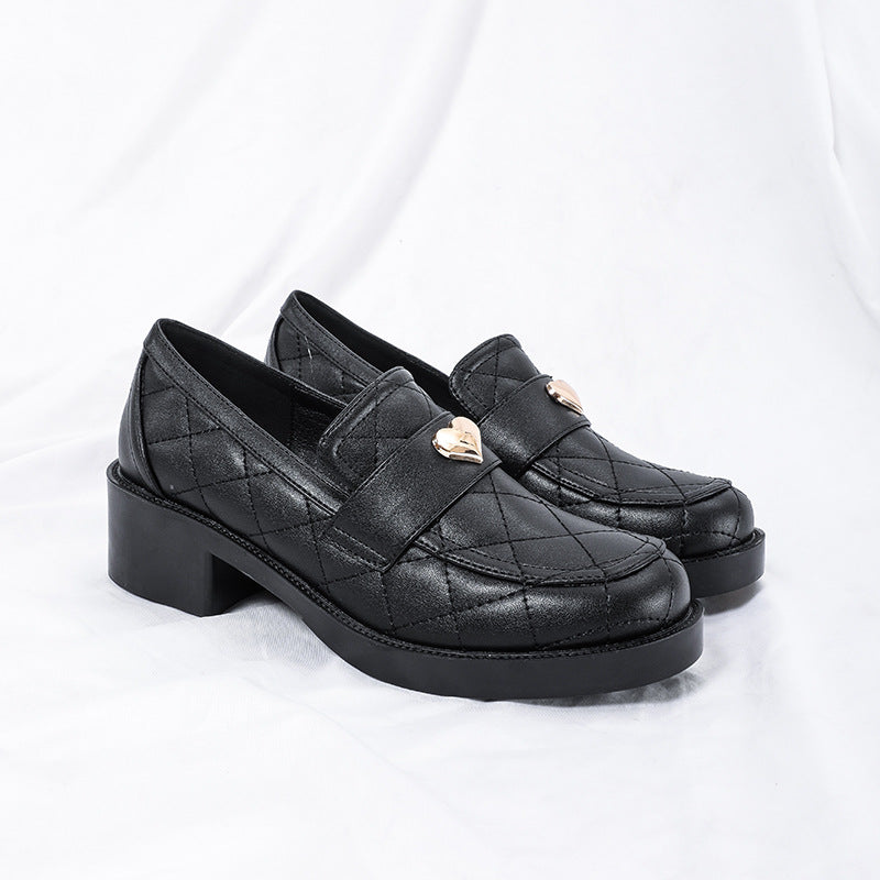 Women's Style Metal Heart Chunky Thick-soled British Plaid Loafers