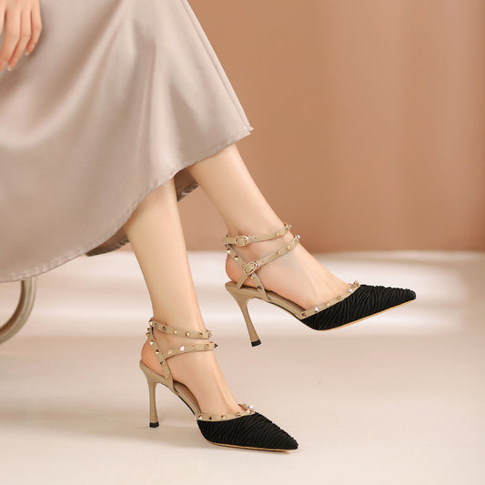 Women's Summer Pointed High Stiletto French Rivet Heels
