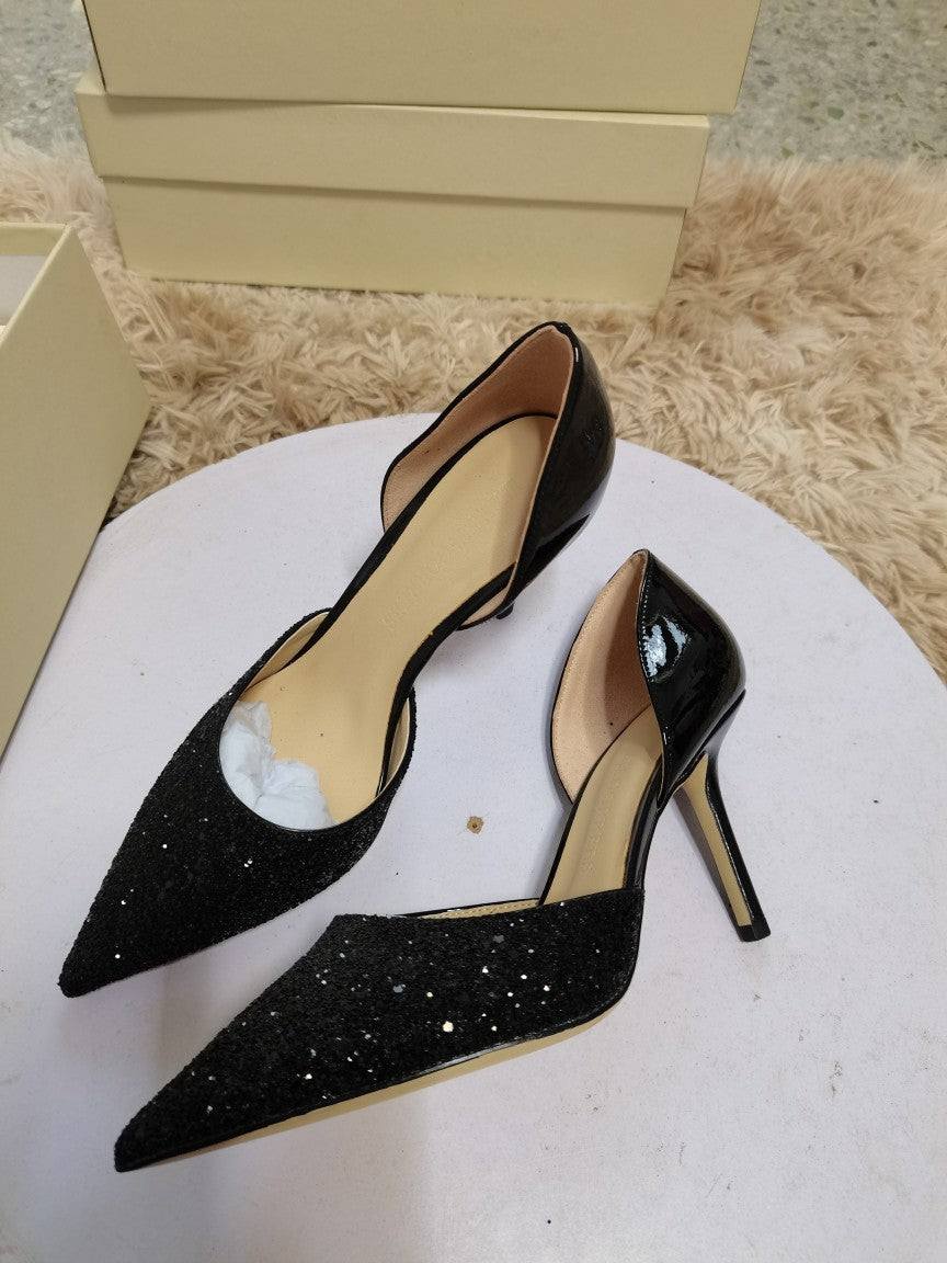 Women's Wedding Pointed Stiletto Stitching Genuine Sequined Temperament Leather Shoes