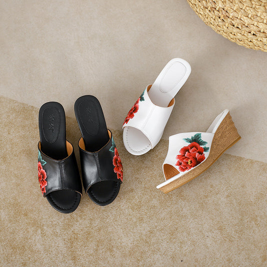 Women's Peony Embroidered Summer High Peep Toe Heels