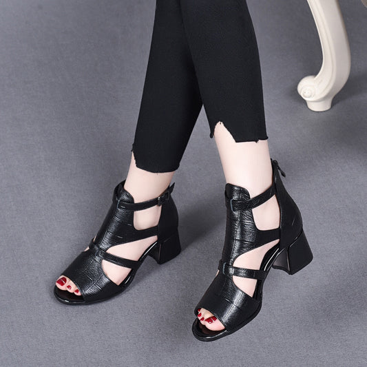 Women's Layer Cowhide Fish Mouth Chunky Roman Heels
