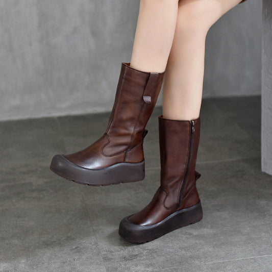 Women's Full Top Layer Cowhide Mid Genuine Boots