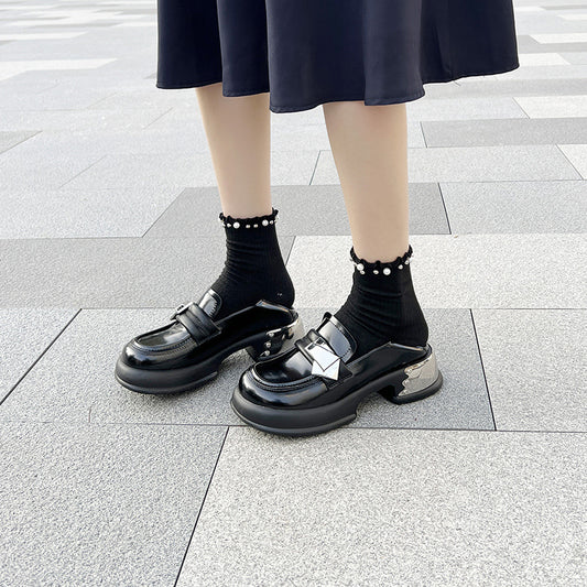Women's Mary Jane Preppy Style Metal Buckle Thick Leather Shoes