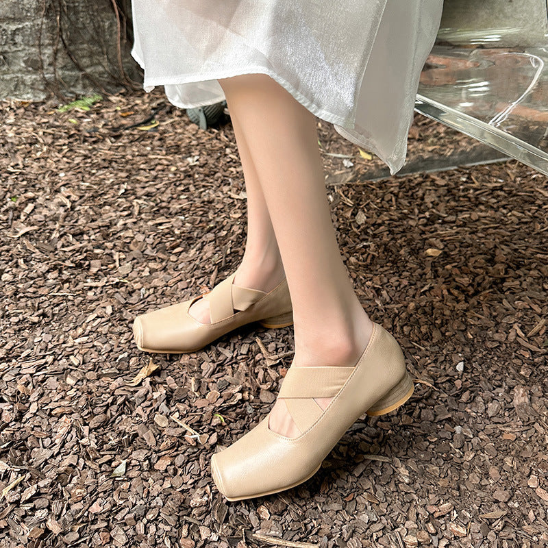 Women's Mary Jane Pleated Square Toe Vintage Chunky Ballet Women's Shoes